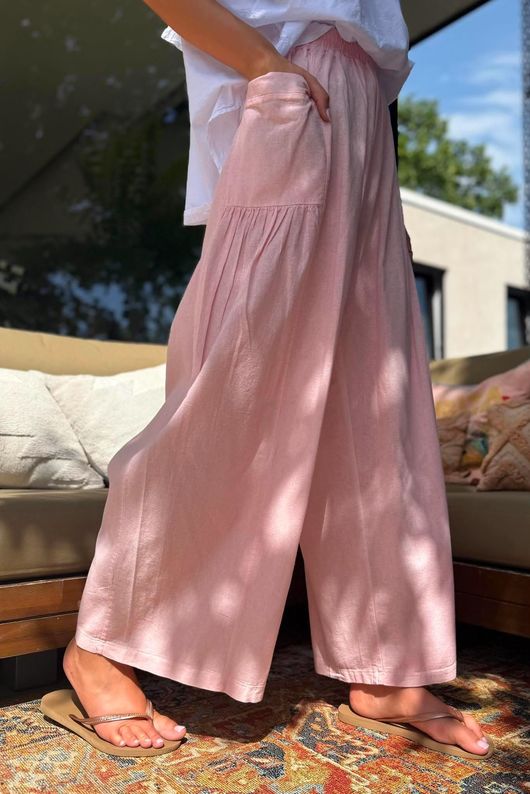 Rustic Nature Linen Blend Pocket Pleat Wide Leg Washed Sugar
